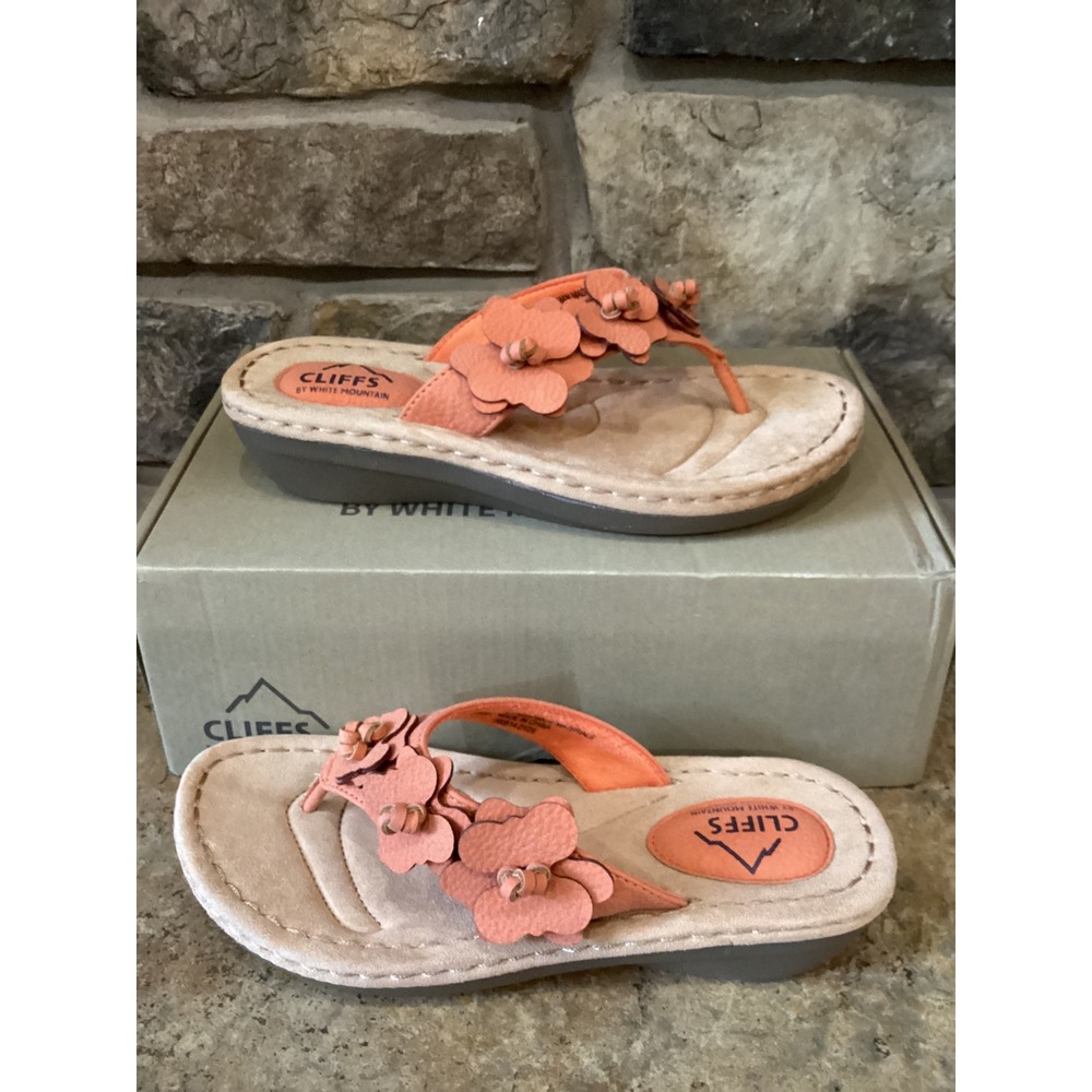Cliffs by White Mountain Cassilia Peach Floral Thong Wedge Sandals Womens 7M‎